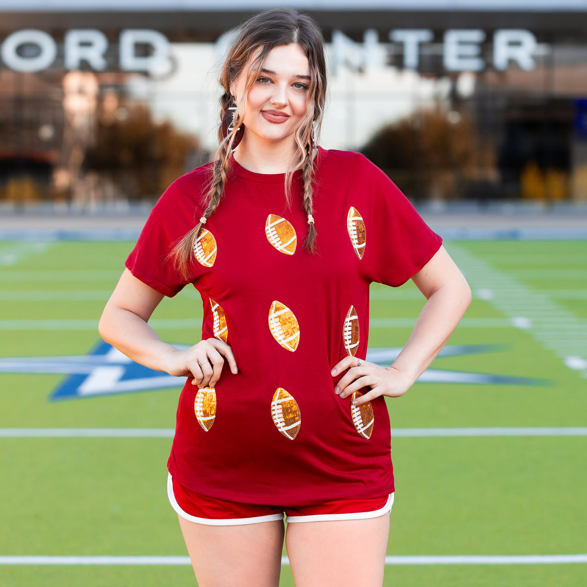 50083 - Sequin Football Half Sleeve Top - Maroon