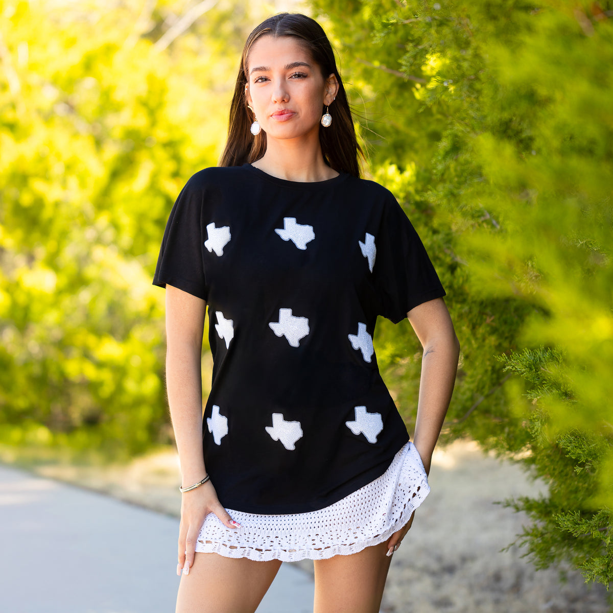 50084 - Texas Sequin Patch Half Sleeve Top
