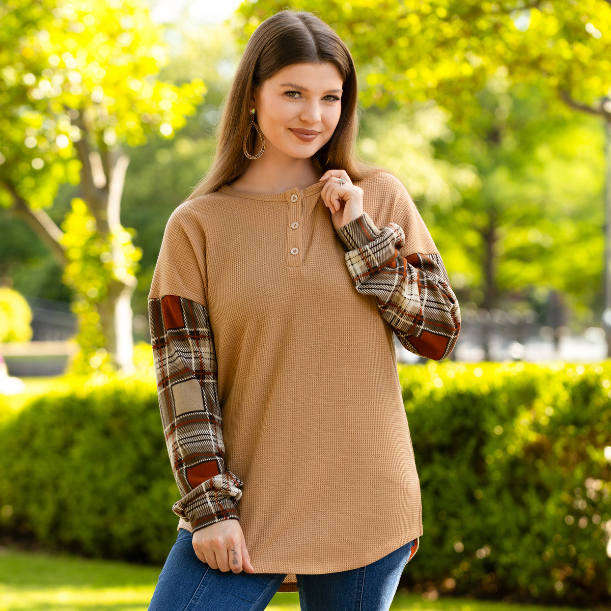 50091 - Knit Long Sleeve Top with Plaid Print