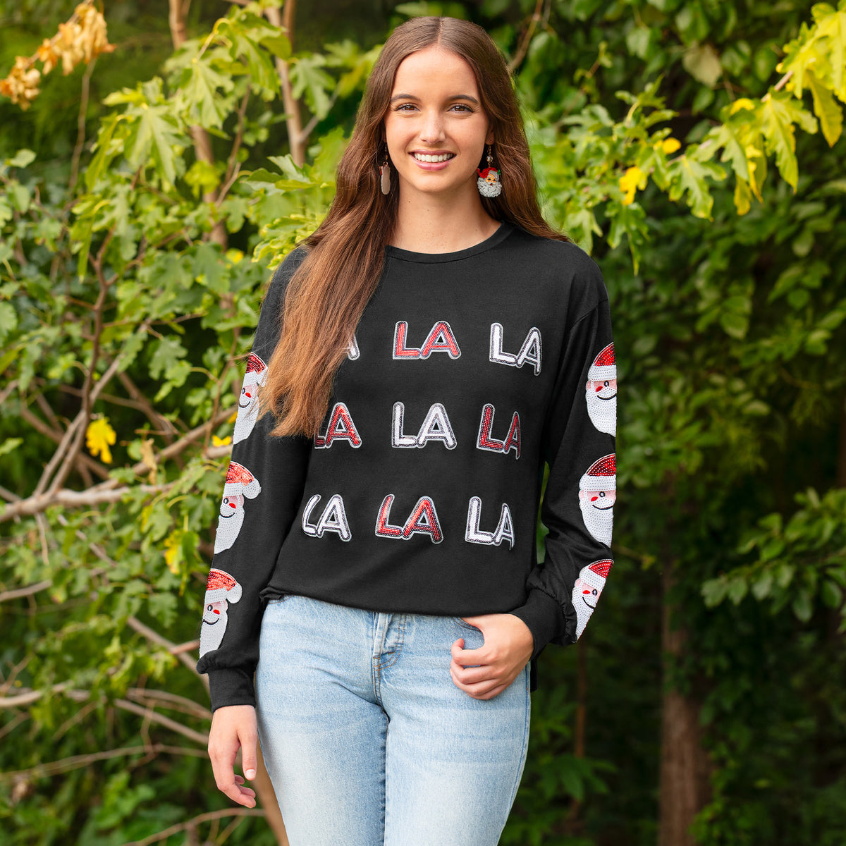 50096 - Christmas FA LA LA Sequined Santa Claus Long Sleeve Top