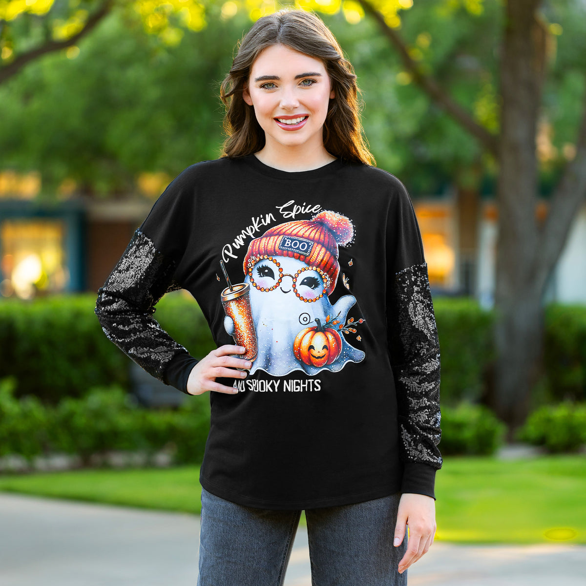 50107 - Pumpkin Spice & Spooky Nights Halloween Sequin Long Sleeve Top