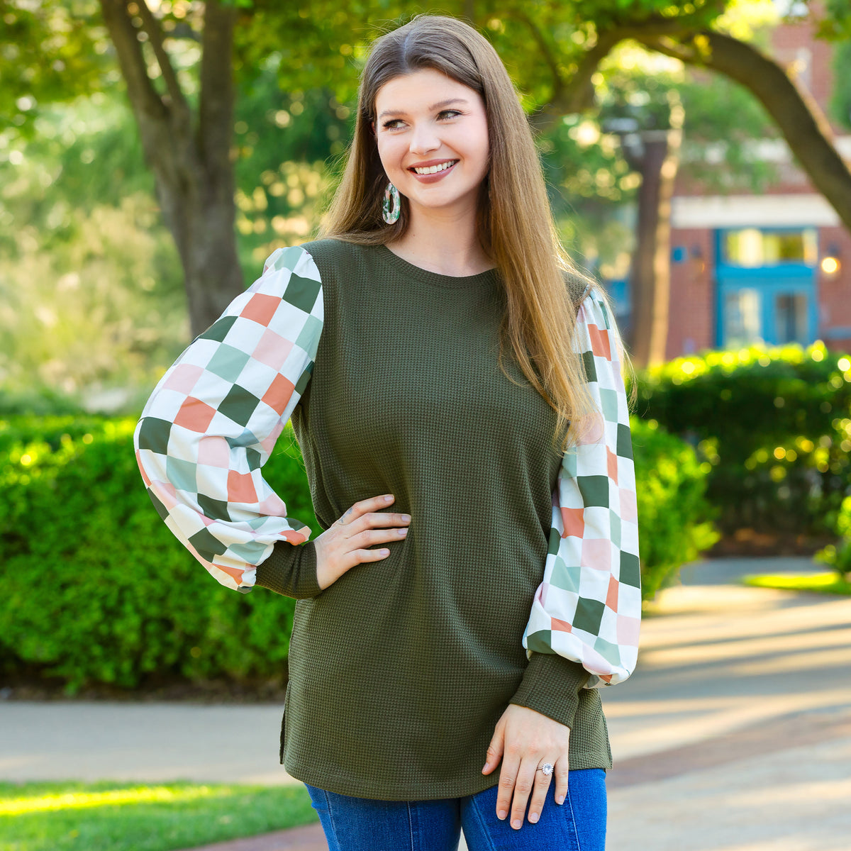 50111 - Textured Patchwork Print Long Sleeve Top