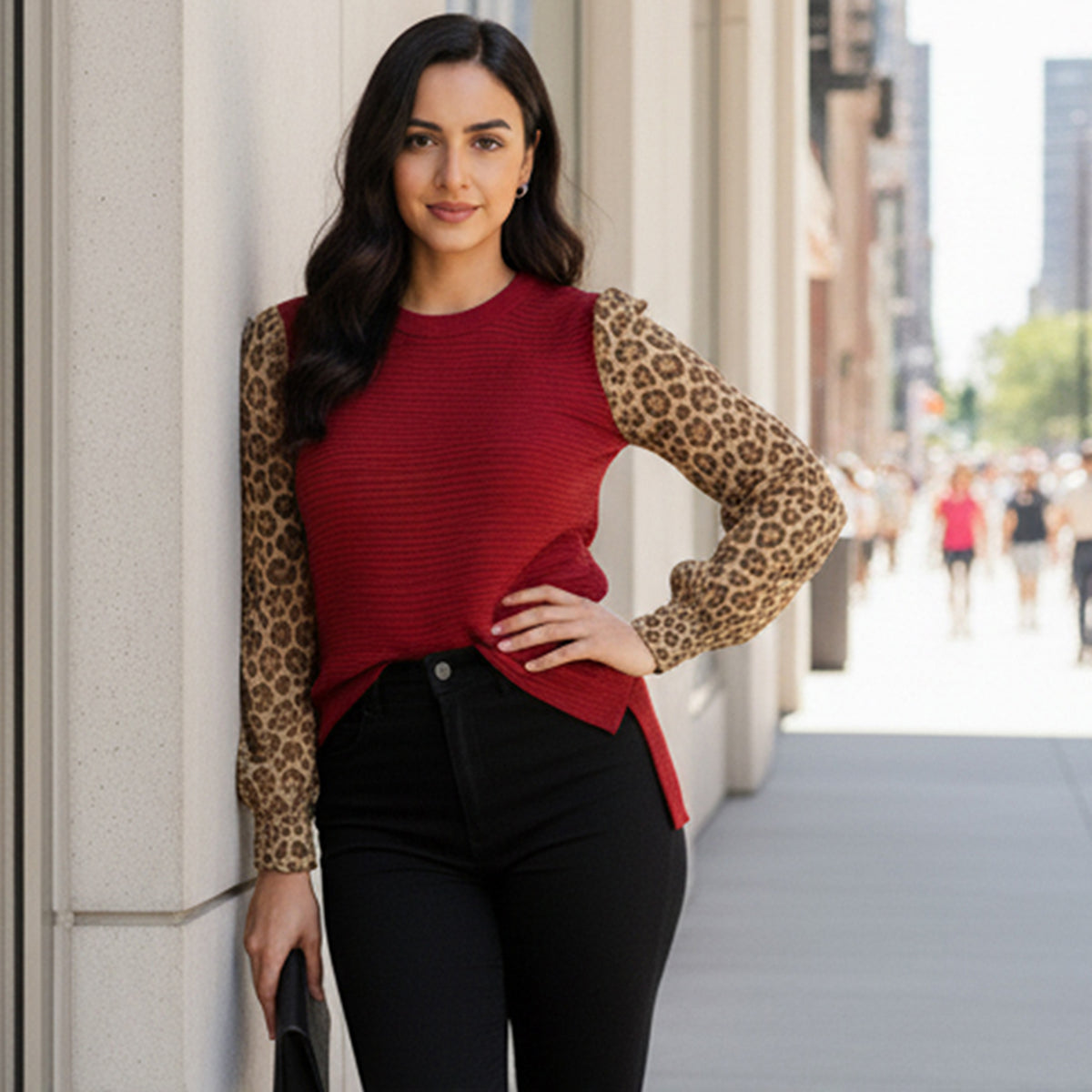 50119 – Burgundy Textured Top with Leopard Print Sleeves