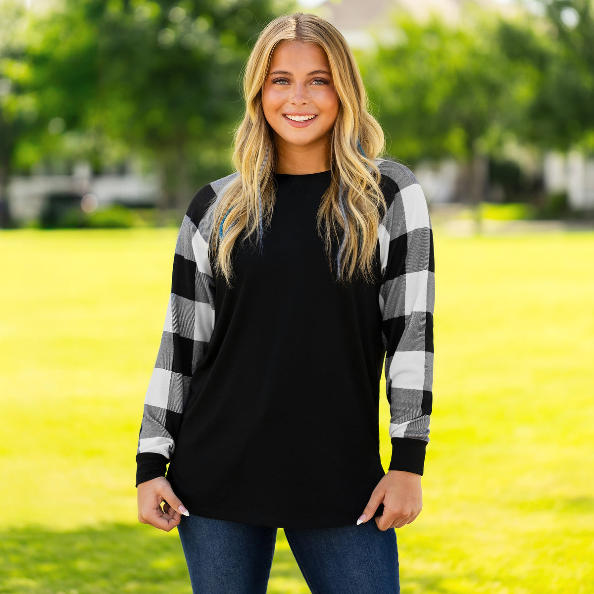 50121 - Plaid Long Sleeve Top - Black