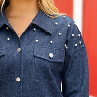 Load image into Gallery viewer, 50122 - Pearl Embellished Denim Style Shirt
