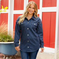 Load image into Gallery viewer, 50122 - Pearl Embellished Denim Style Shirt
