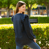 Load image into Gallery viewer, 50124 - Denim Style Ruffle Shoulder Long Sleeve Top
