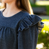 Load image into Gallery viewer, 50124 - Denim Style Ruffle Shoulder Long Sleeve Top
