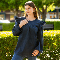 Load image into Gallery viewer, 50124 - Denim Style Ruffle Shoulder Long Sleeve Top
