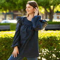 Load image into Gallery viewer, 50124 - Denim Style Ruffle Shoulder Long Sleeve Top
