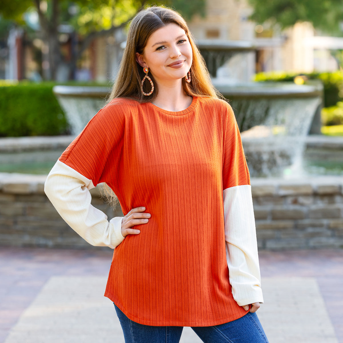 50131 - Ribbed Color Block Long Sleeve Top - Orange