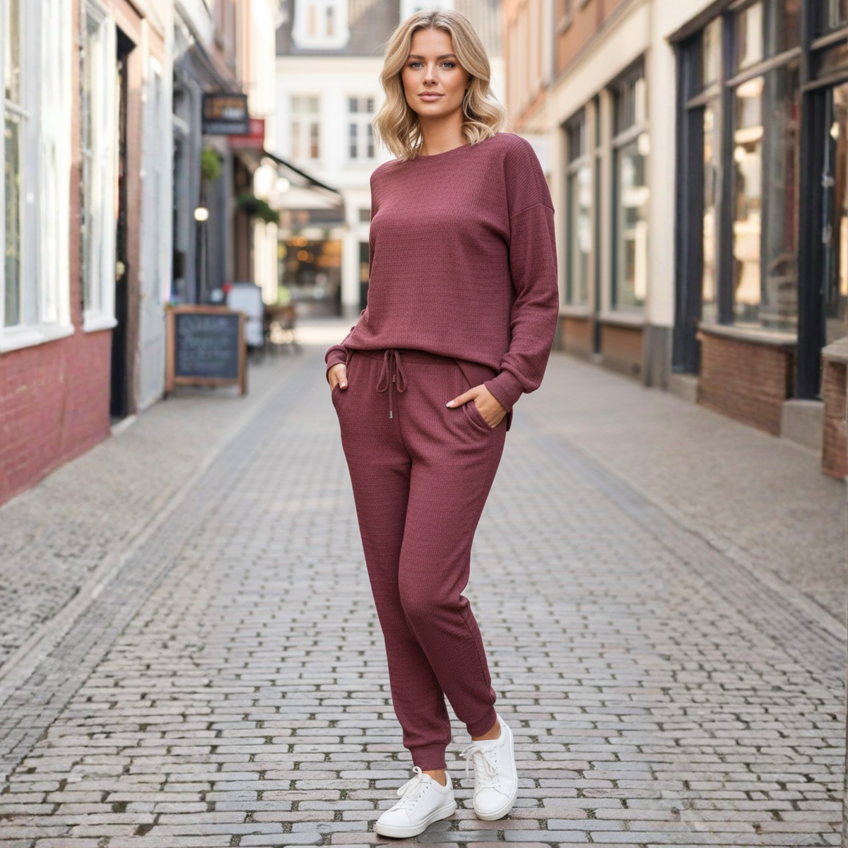 50133 - Solid Textured Top and Bottom Jogger Set - Pink Mauve