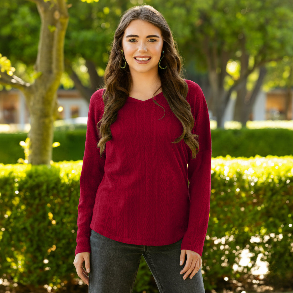 50135 - V-Neck Textured Sweater - Maroon