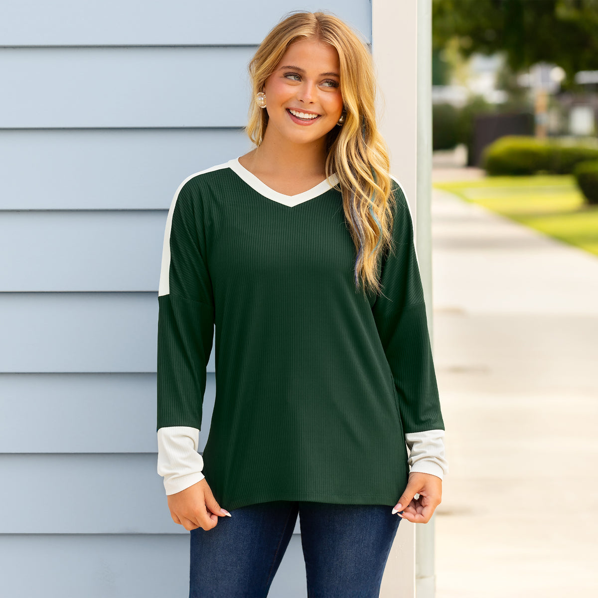 50136 - Ribbed Color Block V-Neck Long Sleeve Top - Green