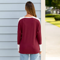 Load image into Gallery viewer, 50136 - Ribbed Color Block V-Neck Long Sleeve Top - Burgundy
