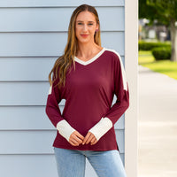 Load image into Gallery viewer, 50136 - Ribbed Color Block V-Neck Long Sleeve Top - Burgundy
