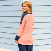Load image into Gallery viewer, 50136 - Ribbed Color Block V-Neck Long Sleeve Top - Pink
