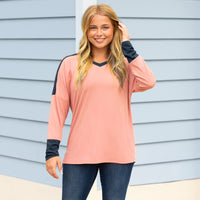 Load image into Gallery viewer, 50136 - Ribbed Color Block V-Neck Long Sleeve Top - Pink
