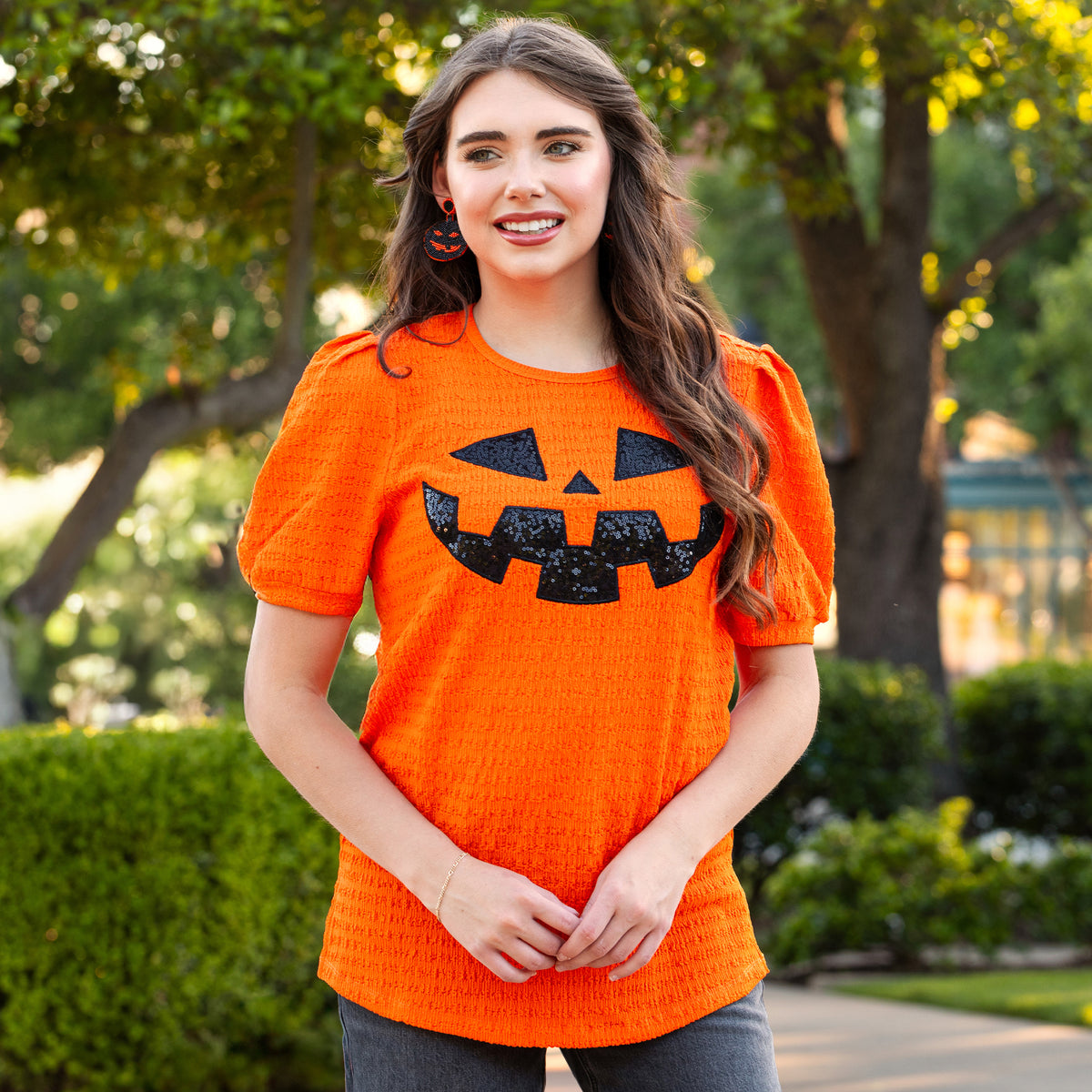 50137 - Sequined Halloween Pumpkin Top with Puffed Sleeves