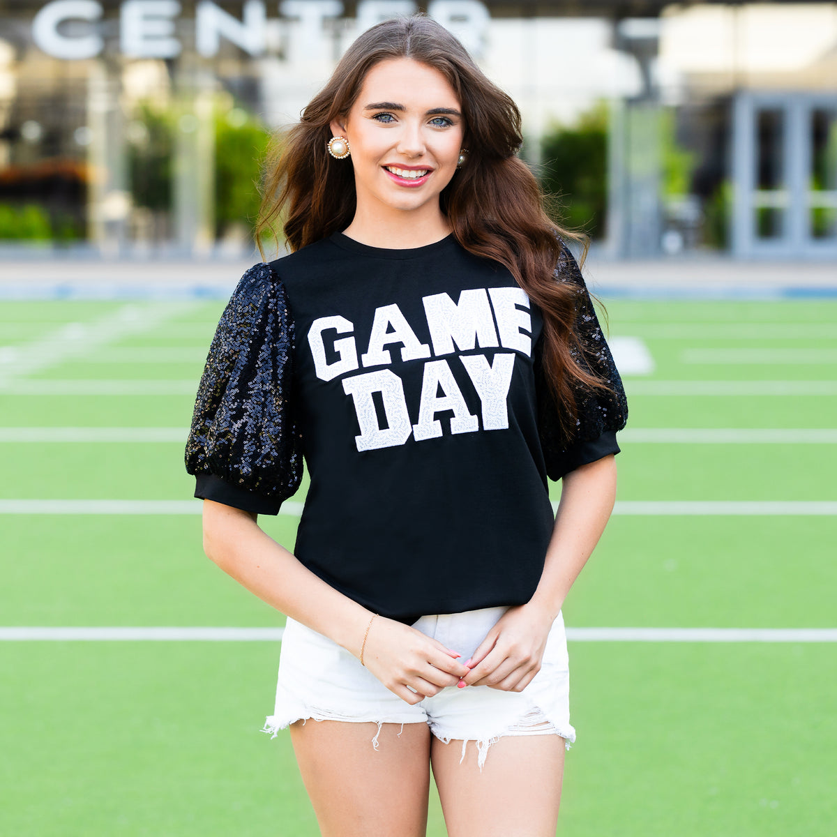 50139 - Game Day Sequin Bubble Sleeves Top - Black