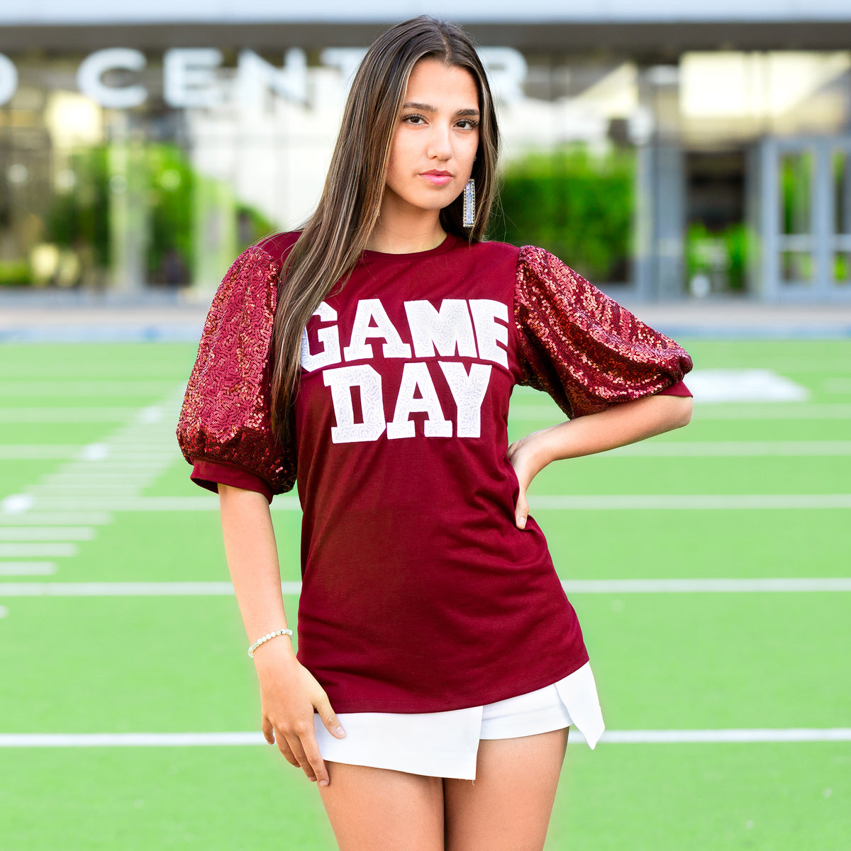 50139 - Game Day Sequin Bubble Sleeves Top - Maroon