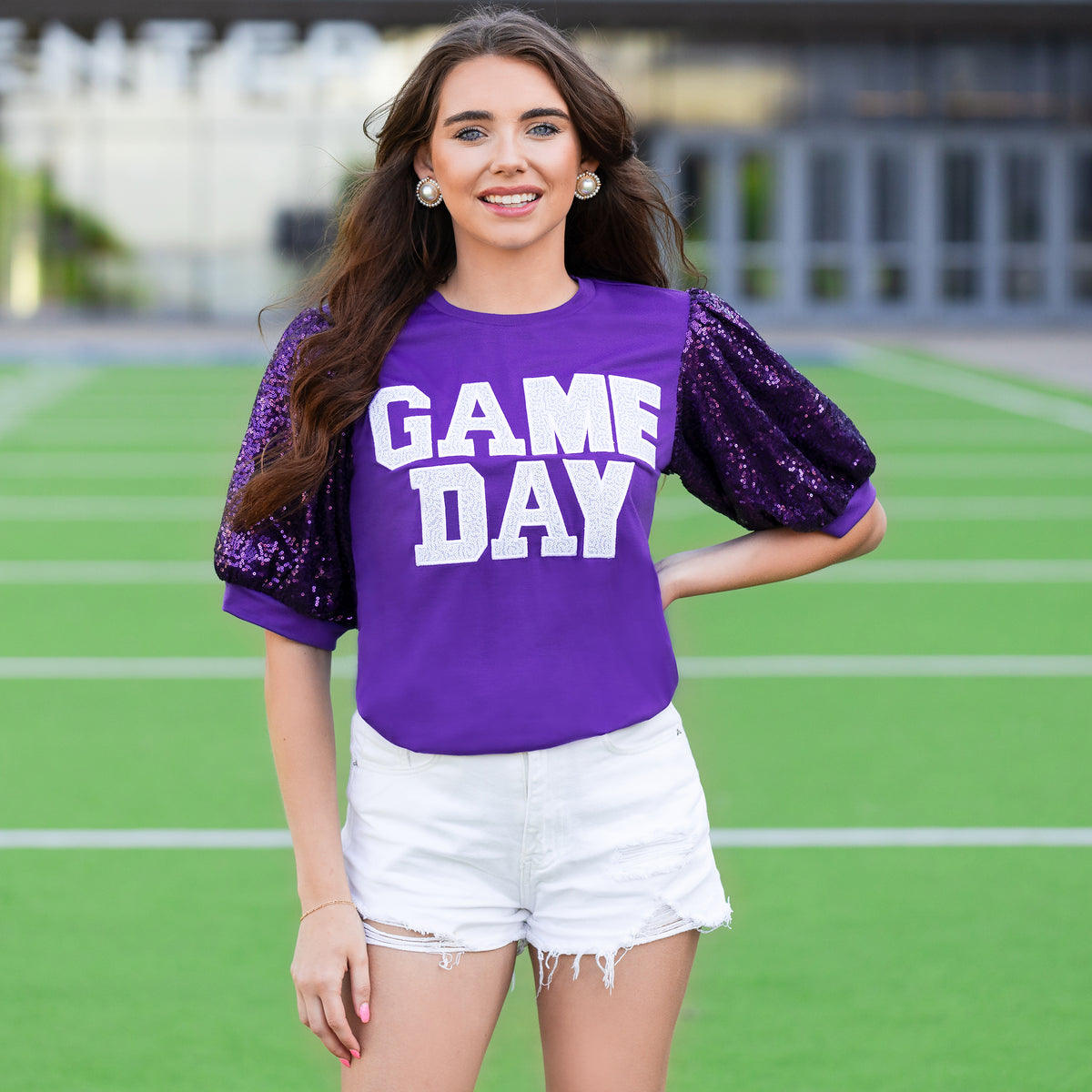 50139 - Game Day Sequin Bubble Sleeves Top - Purple