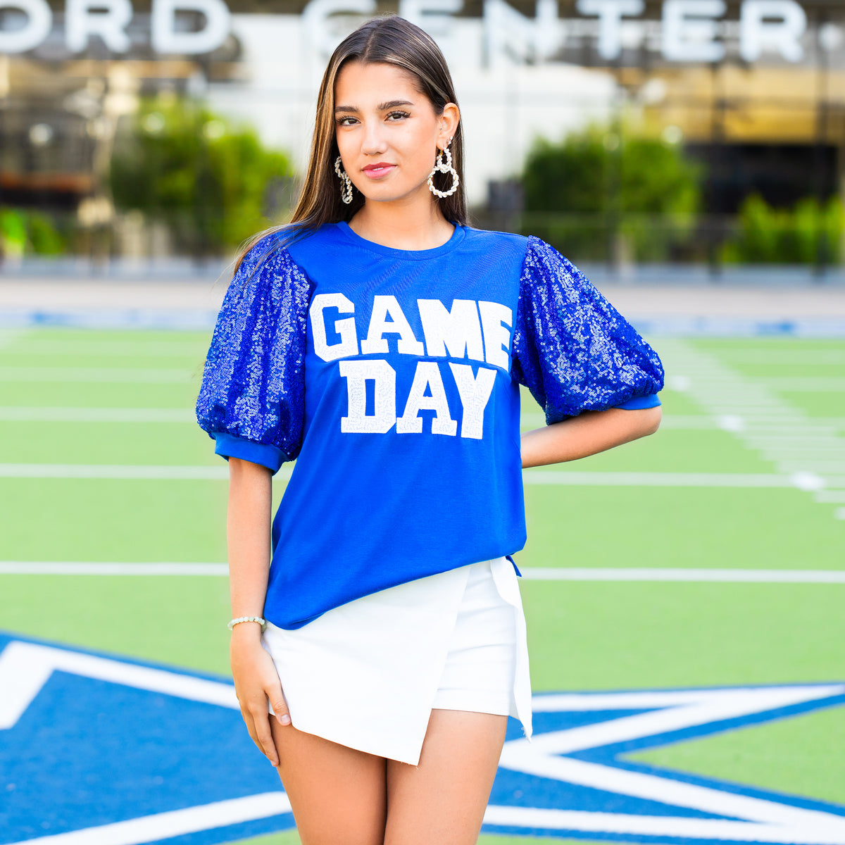 50139 - Game Day Sequin Bubble Sleeves Top - Royal Blue