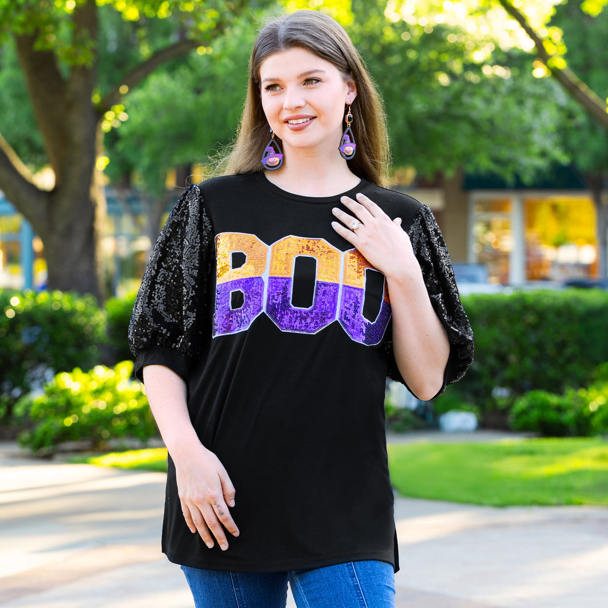 50144 - BOO Sequin Bubble Sleeves Halloween Top