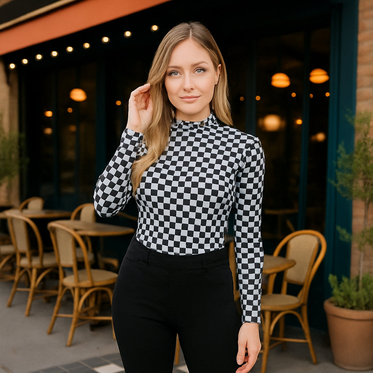 50150 - Mesh Long Sleeve Checkered Top