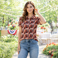 Load image into Gallery viewer, 50254 – Western Print Mesh Button Down Top with Ruffle Sleeves
