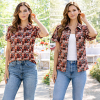 Load image into Gallery viewer, 50254 – Western Print Mesh Button Down Top with Ruffle Sleeves
