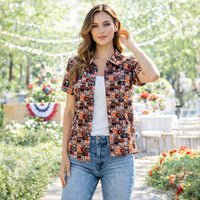 Load image into Gallery viewer, 50254 – Western Print Mesh Button Down Top with Ruffle Sleeves
