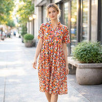 Load image into Gallery viewer, 50264 – Orange Multi Floral Tiered Midi Dress with Pockets
