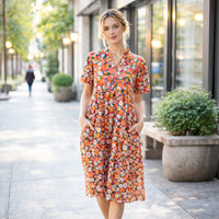 Load image into Gallery viewer, 50264 – Orange Multi Floral Tiered Midi Dress with Pockets
