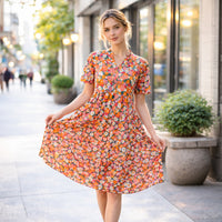 Load image into Gallery viewer, 50264 – Orange Multi Floral Tiered Midi Dress with Pockets
