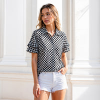 Load image into Gallery viewer, 50268 – Checkered Mesh Button-Up Top with Ruffle Sleeves
