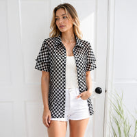 Load image into Gallery viewer, 50268 – Checkered Mesh Button-Up Top with Ruffle Sleeves
