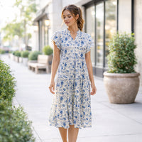 Load image into Gallery viewer, 50272 – Tan &amp; Blue Floral Tiered Midi Dress with Pockets
