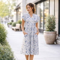 Load image into Gallery viewer, 50272 – Tan &amp; Blue Floral Tiered Midi Dress with Pockets
