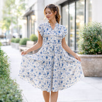 Load image into Gallery viewer, 50272 – Tan &amp; Blue Floral Tiered Midi Dress with Pockets
