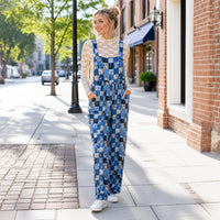 Load image into Gallery viewer, 50305 – Blue Floral Patchwork Wide Leg Overalls with Pockets

