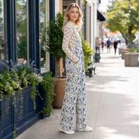 Load image into Gallery viewer, 50306 – Tan &amp; Blue Floral Wide-Leg Overalls with Pockets
