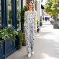 Load image into Gallery viewer, 50306 – Tan &amp; Blue Floral Wide-Leg Overalls with Pockets
