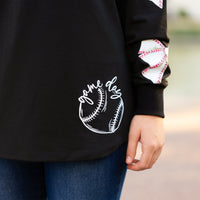 Load image into Gallery viewer, 50015 - Baseball Game Day Top with Bow Print Sleeves - Black
