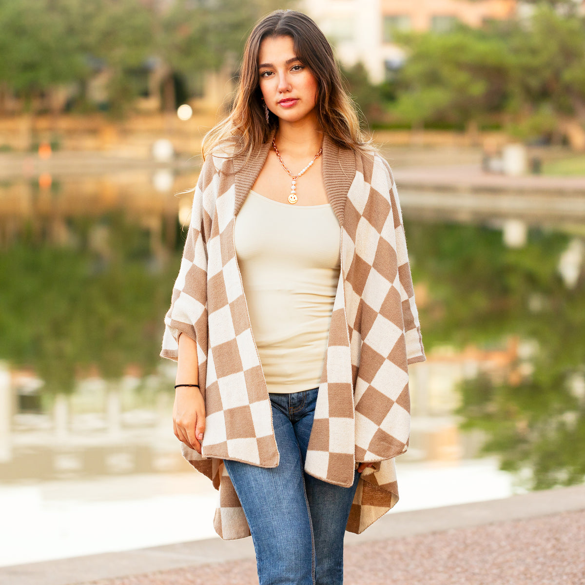 6793 - Checkered Print Poncho - Brown