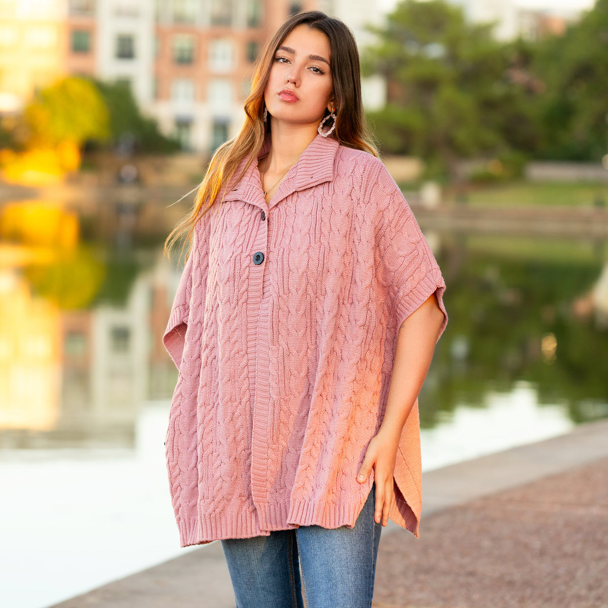 6792 - Knit Buttoned Poncho - Pink