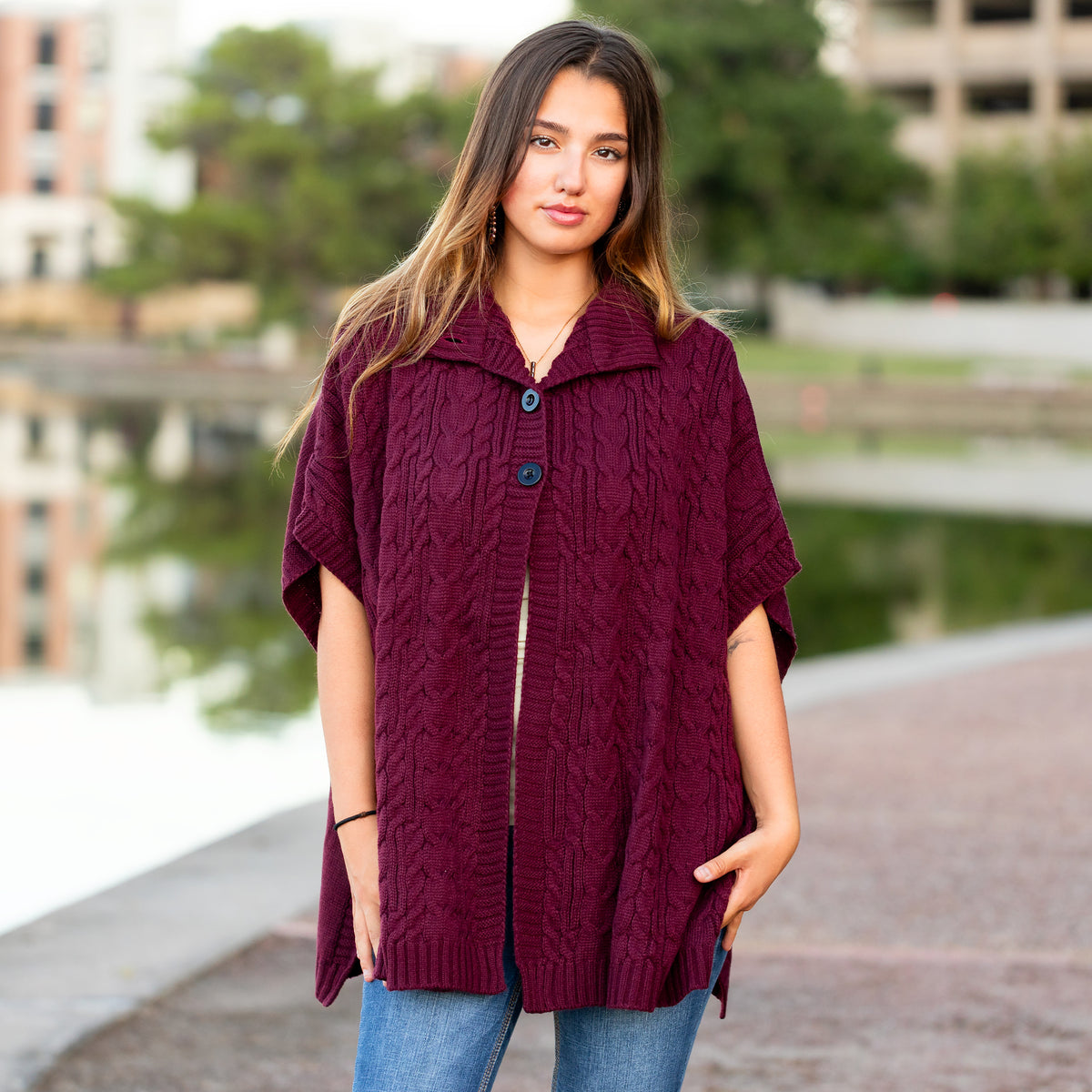 6792 - Knit Buttoned Poncho - Dark Purple