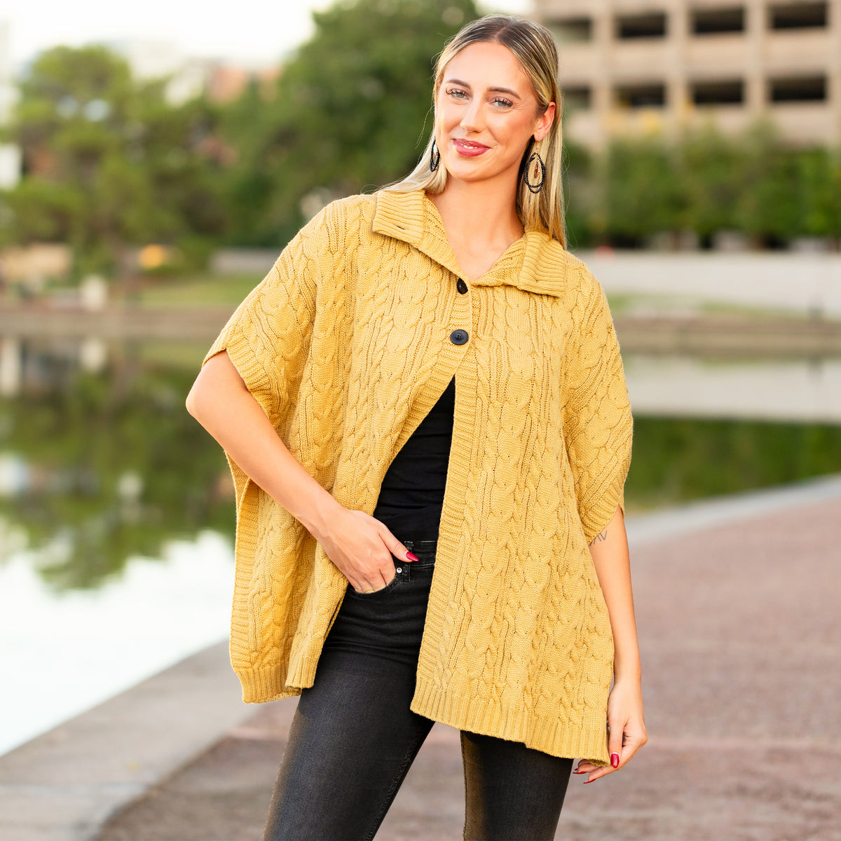 6792 - Knit Buttoned Poncho - Yellow