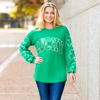 Load image into Gallery viewer, 50016 - Lucky Sequin St. Patrick's Day Top with Clover Print Sleeves
