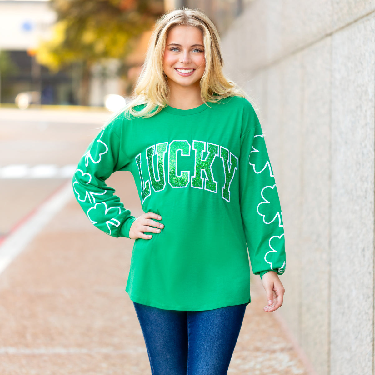 50016 - Lucky Sequin St. Patrick's Day Top with Clover Print Sleeves